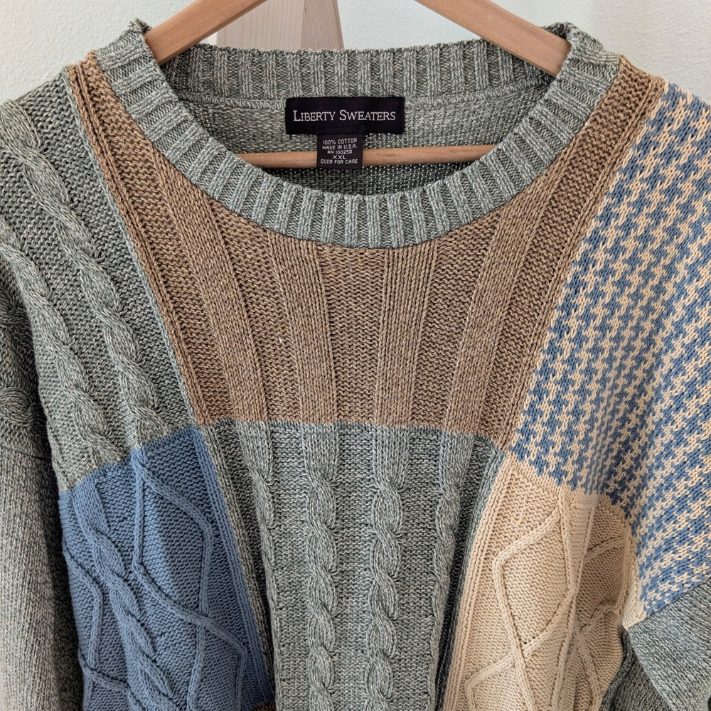 Vintage Patchwork Houndstooth Cable Knit Crewneck… - image 3